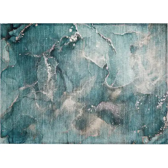 Teal Abstract Washable Non Skid Indoor Outdoor Area Rug Photo 2