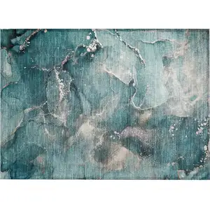 Photo of Teal Abstract Washable Non Skid Indoor Outdoor Area Rug