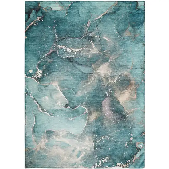 Teal Abstract Washable Non Skid Indoor Outdoor Area Rug Photo 5