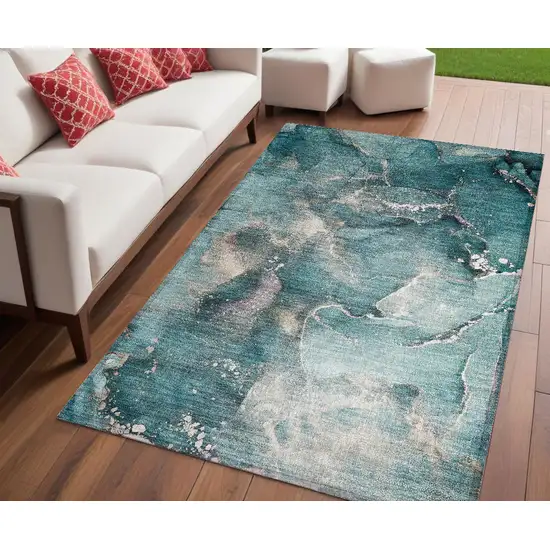 Teal Abstract Washable Non Skid Indoor Outdoor Area Rug Photo 1