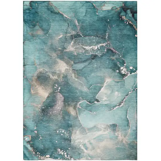 Teal Abstract Washable Non Skid Indoor Outdoor Area Rug Photo 2