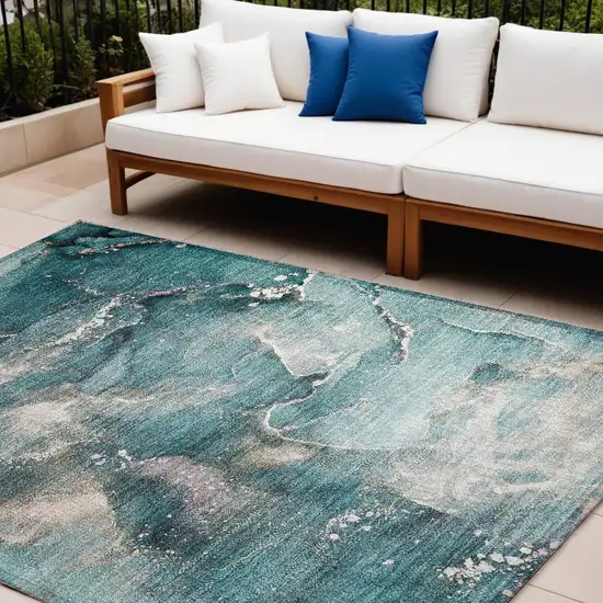 Teal Abstract Washable Non Skid Indoor Outdoor Area Rug Photo 1