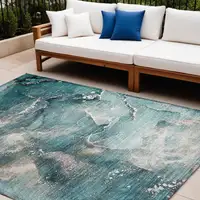 Photo of Teal Abstract Washable Non Skid Indoor Outdoor Area Rug