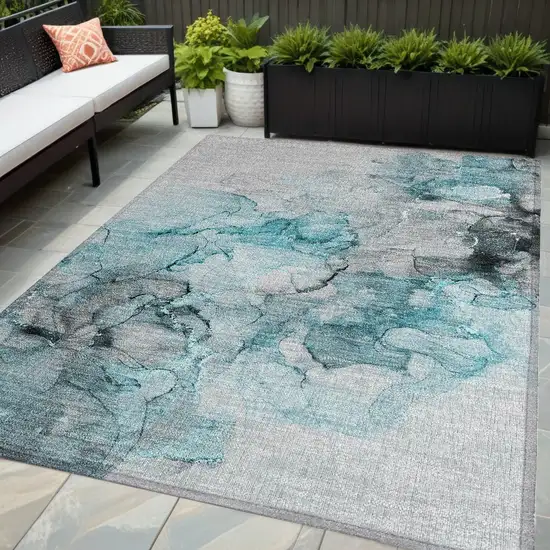 Teal Abstract Washable Non Skid Indoor Outdoor Area Rug Photo 1