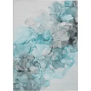 Photo of Teal Abstract Washable Non Skid Indoor Outdoor Area Rug