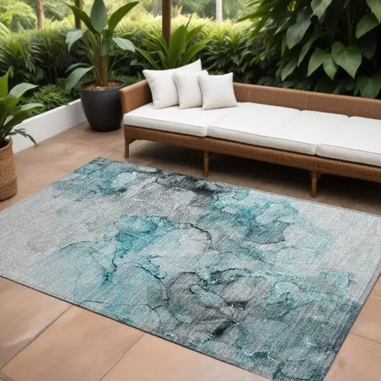 Teal Abstract Washable Non Skid Indoor Outdoor Area Rug Photo 1