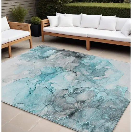 Teal and Gray Abstract Washable Indoor Outdoor Area Rug Photo 1