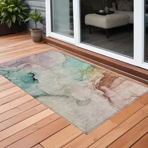 Photo of Teal Abstract Washable Non Skid Indoor Outdoor Area Rug