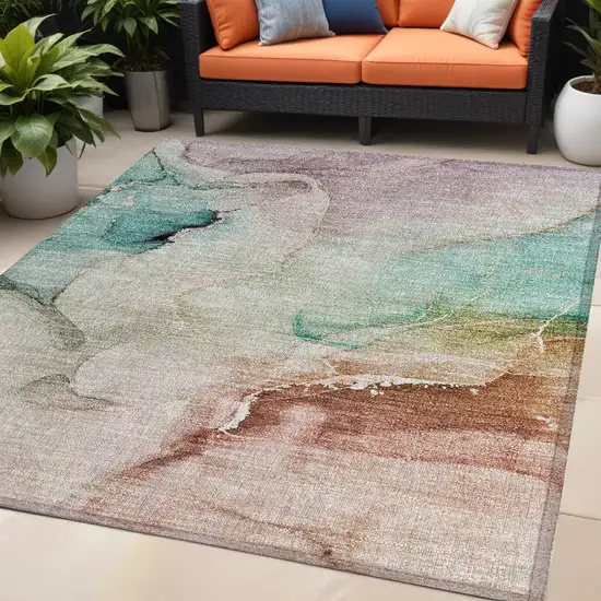 Teal Abstract Washable Non Skid Indoor Outdoor Area Rug Photo 1