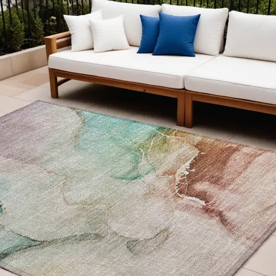 Teal Abstract Washable Non Skid Indoor Outdoor Area Rug Photo 1