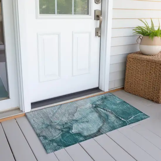 Teal Abstract Washable Non Skid Indoor Outdoor Area Rug Photo 8