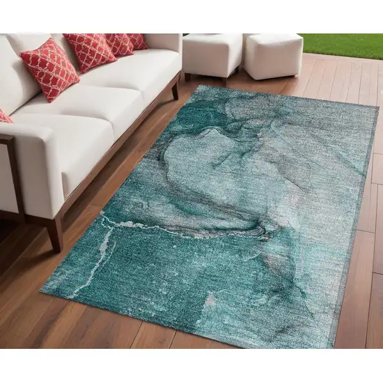 Teal Abstract Washable Non Skid Indoor Outdoor Area Rug Photo 1