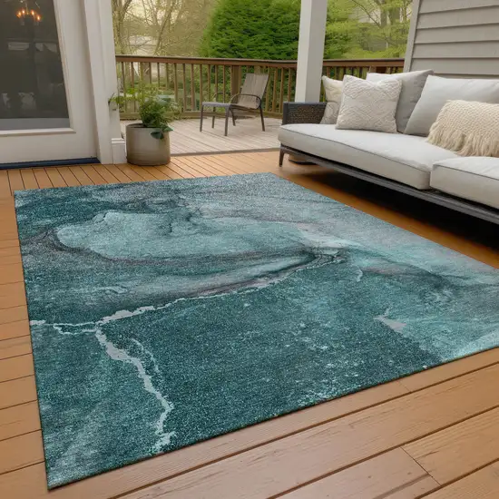 Teal Abstract Washable Non Skid Indoor Outdoor Area Rug Photo 9