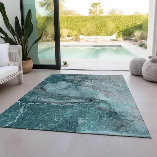 Teal Abstract Washable Non Skid Indoor Outdoor Area Rug Photo 8