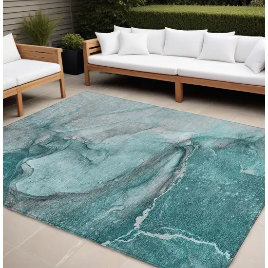 Teal Abstract Washable Indoor Outdoor Area Rug Photo 1