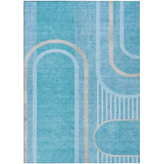 Teal Abstract Washable Indoor Outdoor Area Rug Photo 2