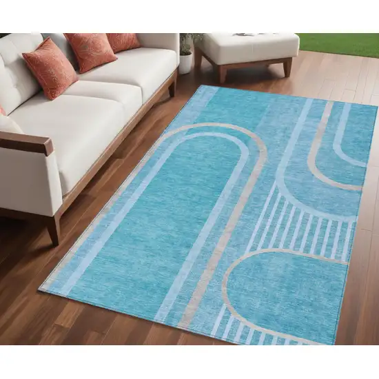 Teal Abstract Washable Indoor Outdoor Area Rug Photo 1