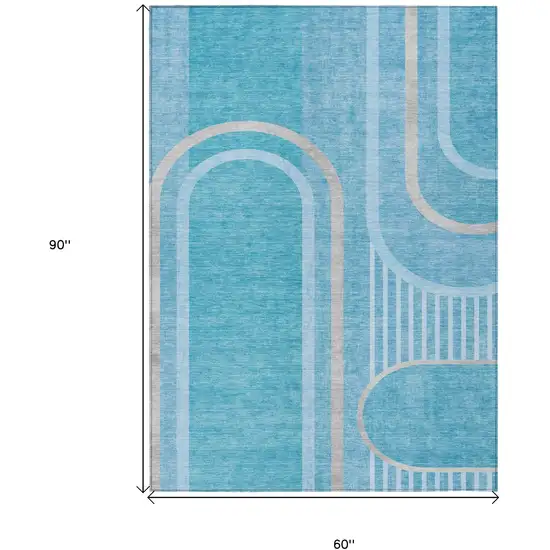 Teal Abstract Washable Indoor Outdoor Area Rug Photo 3