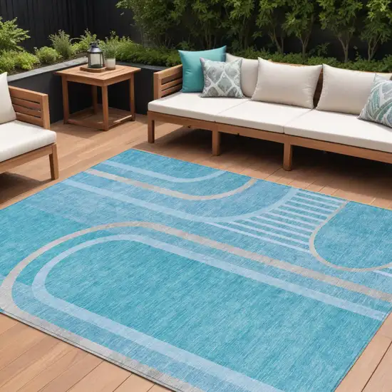 Teal Abstract Washable Indoor Outdoor Area Rug Photo 1