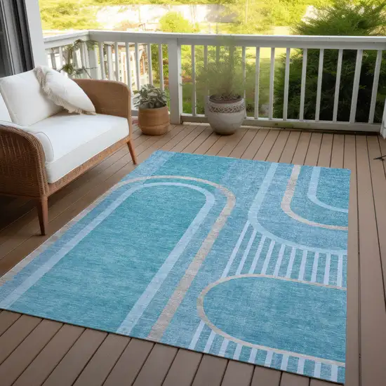 Teal Abstract Washable Indoor Outdoor Area Rug Photo 6