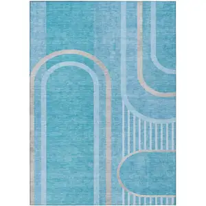 Photo of Teal Abstract Washable Non Skid Indoor Outdoor Area Rug