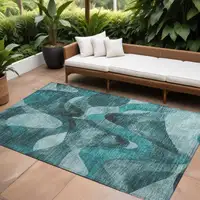 Photo of Teal Abstract Washable Non Skid Indoor Outdoor Area Rug