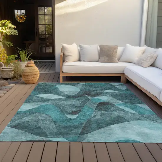 Teal Abstract Washable Non Skid Indoor Outdoor Area Rug Photo 9