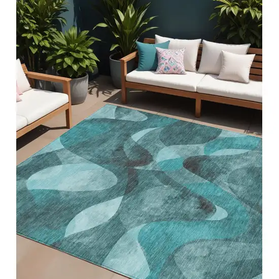 Teal Abstract Washable Non Skid Indoor Outdoor Area Rug Photo 1