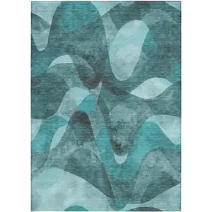 Photo of Teal Abstract Washable Non Skid Indoor Outdoor Area Rug