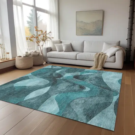 Teal Abstract Washable Non Skid Indoor Outdoor Area Rug Photo 8