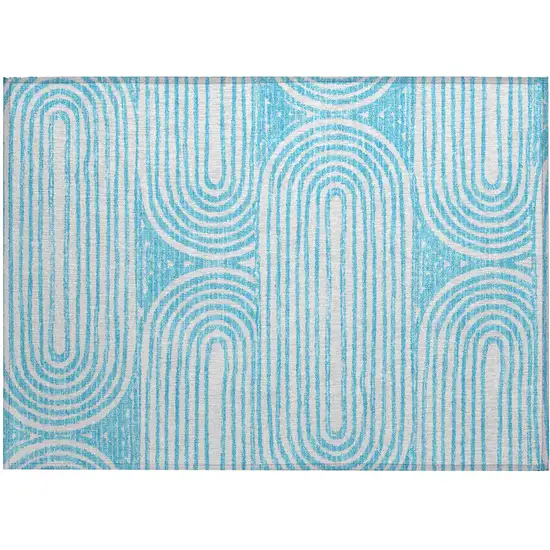 Teal and White Abstract Washable Non Skid Indoor Outdoor Area Rug Photo 2