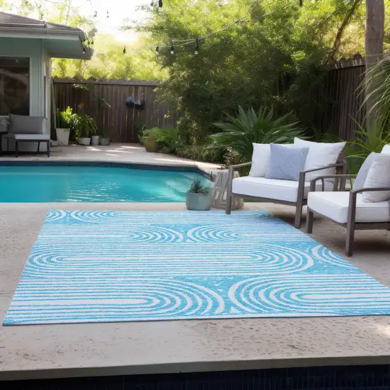 Teal and White Abstract Washable Non Skid Indoor Outdoor Area Rug Photo 9