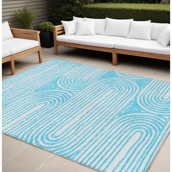 Teal and White Abstract Washable Non Skid Indoor Outdoor Area Rug Photo 1