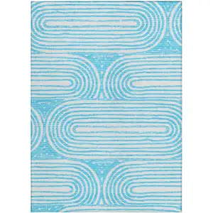 Photo of Teal Abstract Washable Non Skid Indoor Outdoor Area Rug