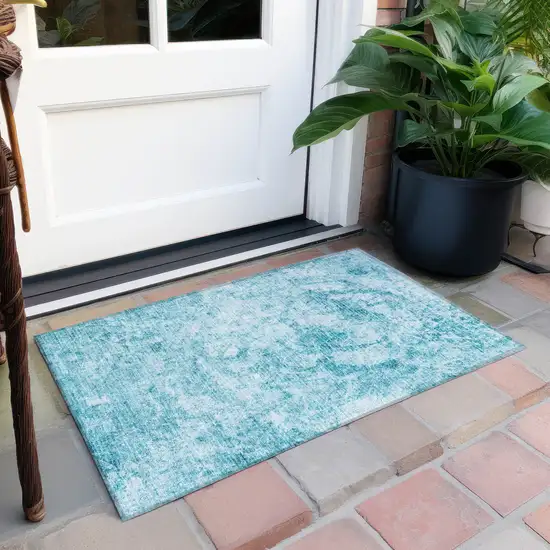 Teal Abstract Washable Non Skid Indoor Outdoor Area Rug Photo 8