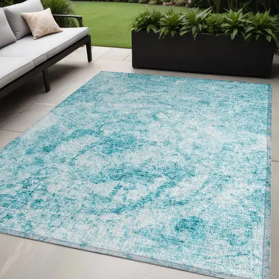 Teal Abstract Washable Non Skid Indoor Outdoor Area Rug Photo 1