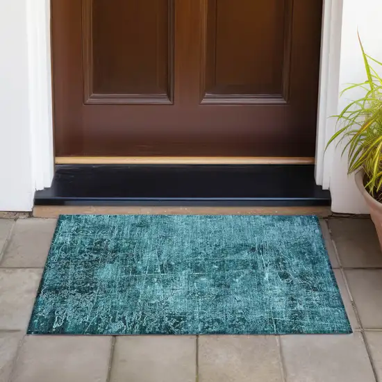 Teal Abstract Washable Non Skid Indoor Outdoor Area Rug Photo 8