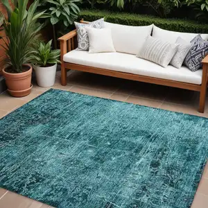 Photo of Teal Abstract Washable Non Skid Indoor Outdoor Area Rug