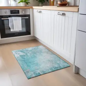 Photo of Teal Abstract Washable Non Skid Indoor Outdoor Area Rug