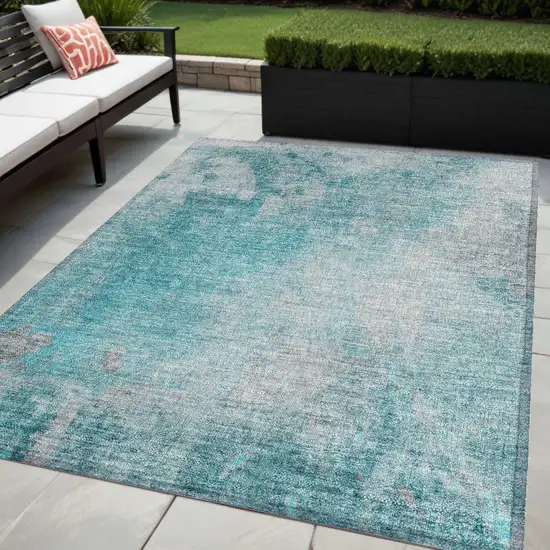 Teal Abstract Washable Non Skid Indoor Outdoor Area Rug Photo 1