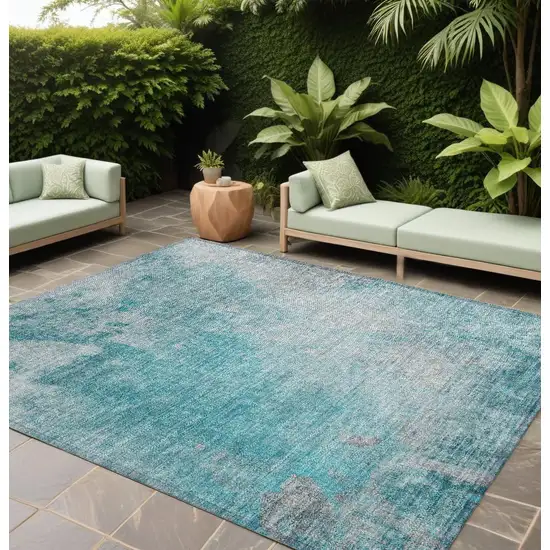 Teal Abstract Washable Non Skid Indoor Outdoor Area Rug Photo 1