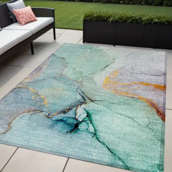 Teal Abstract Washable Non Skid Indoor Outdoor Area Rug Photo 1