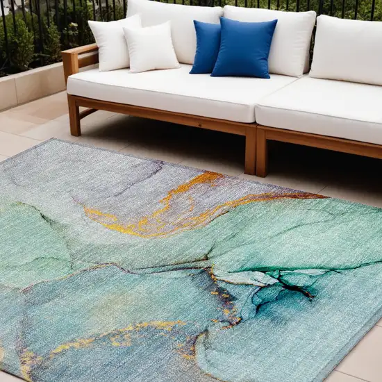 Teal Abstract Washable Non Skid Indoor Outdoor Area Rug Photo 1