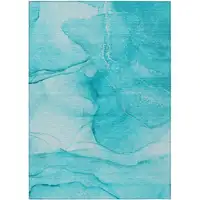 Photo of Teal Abstract Washable Non Skid Indoor Outdoor Area Rug