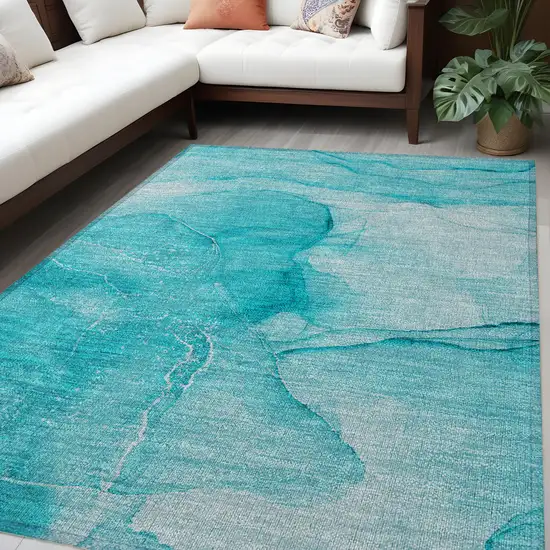 Teal Abstract Washable Non Skid Indoor Outdoor Area Rug Photo 1