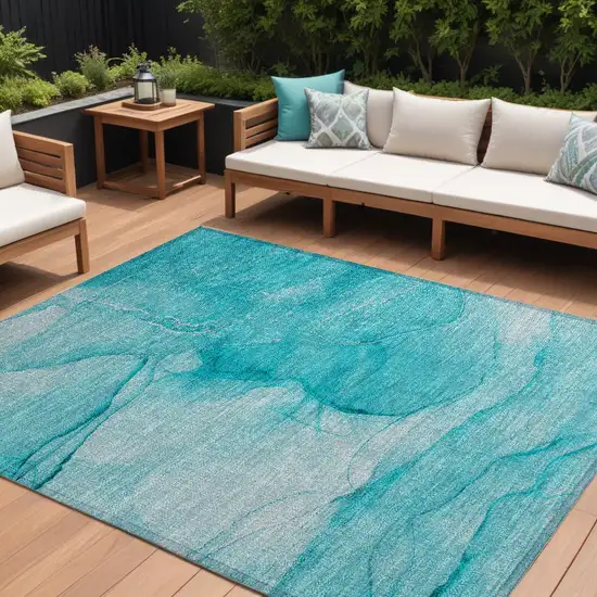 Teal Abstract Washable Non Skid Indoor Outdoor Area Rug Photo 1