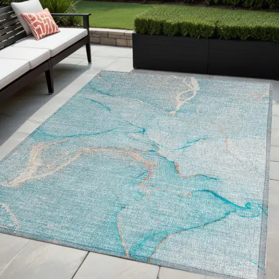 Teal Abstract Washable Non Skid Indoor Outdoor Area Rug Photo 1