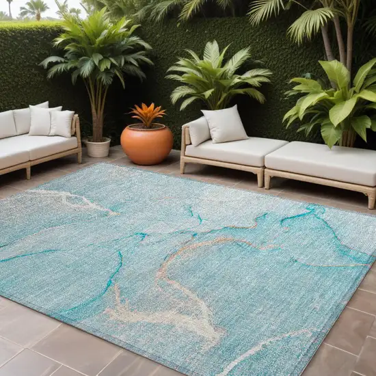 Teal Abstract Washable Non Skid Indoor Outdoor Area Rug Photo 1