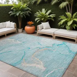 Photo of Teal Abstract Washable Non Skid Indoor Outdoor Area Rug