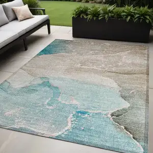 Photo of Teal Abstract Washable Non Skid Indoor Outdoor Area Rug